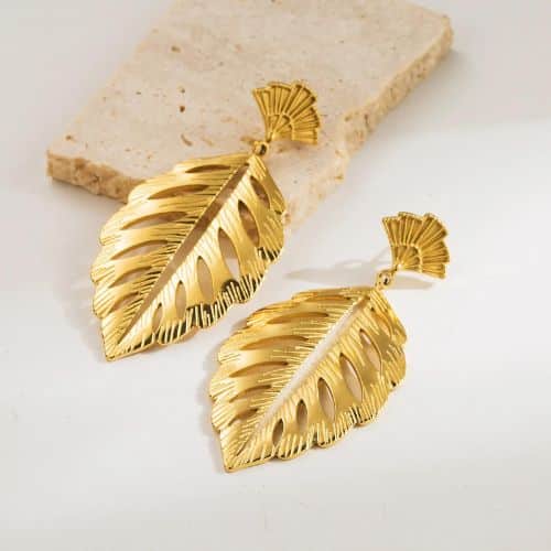 Aretes Dorados Hoja Grande Tope Abanico