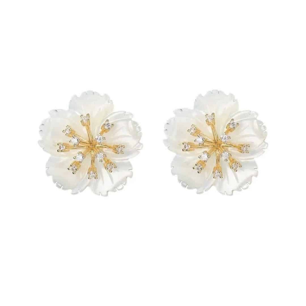Aretes Flor Grande Concha Nacar Brillos Zirconias
