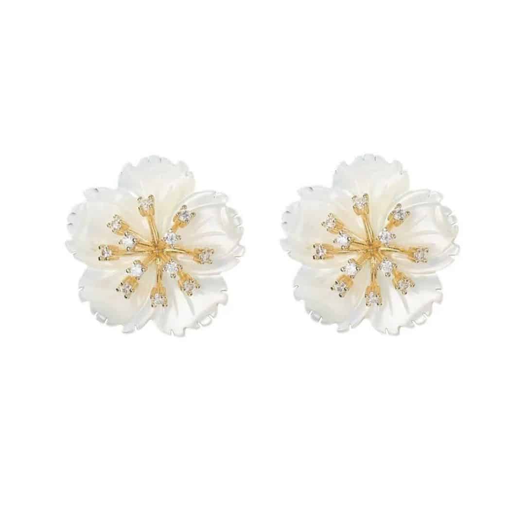 Aretes Flor Grande Concha Nacar Brillos Zirconias