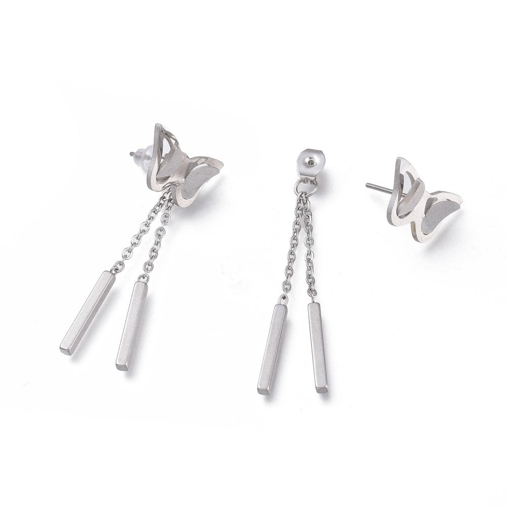 Aretes Plateados Mariposas Hilos