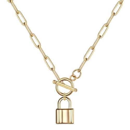 Collar Dorado Paperclip Candado Cierre Frontal