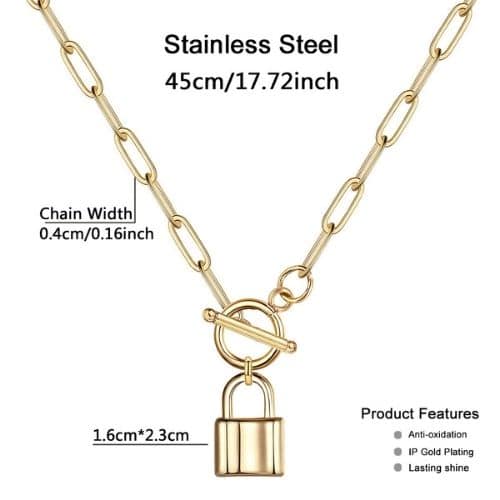 Collar Dorado Paperclip Candado Cierre Frontal