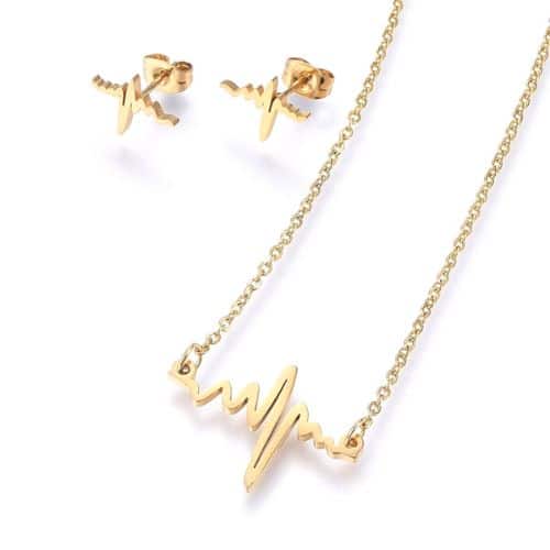 Juego de Cadena y Aretes Dorados Ritmo Cardiaco