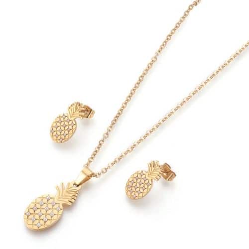 Juego de Cadena y Aretes Dorados Piña