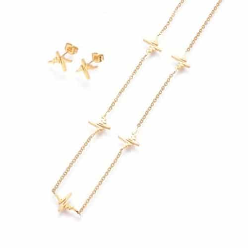 Juego de Cadena y Aretes Dorados Ritmos Cardiacos