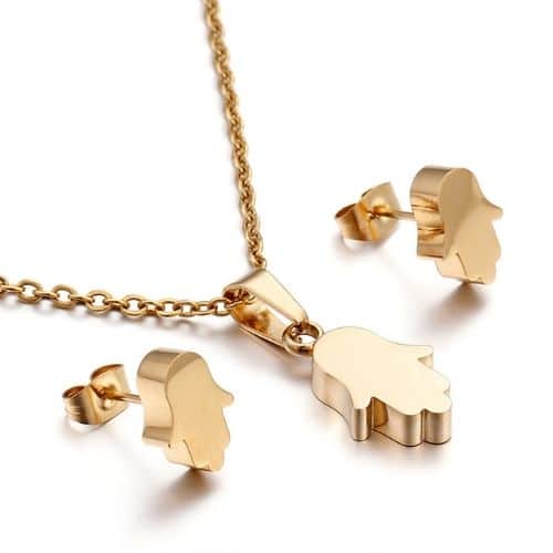 Juego de Aretes y Cadenas Mano de Fátima