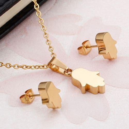 Juego de Aretes y Cadenas Mano de Fátima