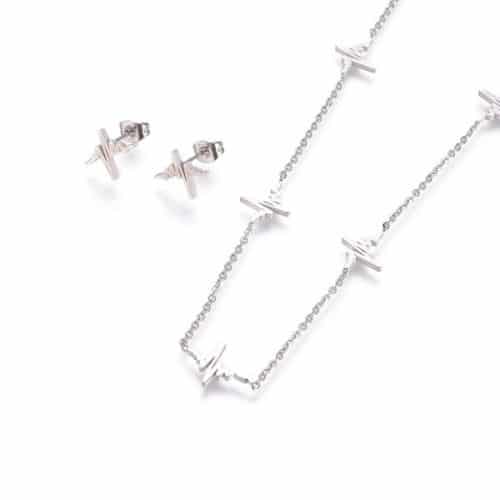Juego de Cadena y Aretes Plateados Ritmos Cardiacos
