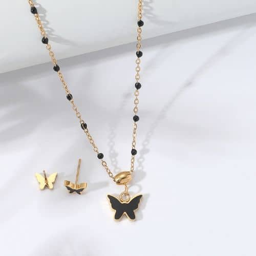 Set de Aretes y Cadena Mariposa Bolitas Negras