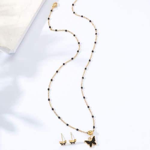 Set de Aretes y Cadena Mariposa Bolitas Negras