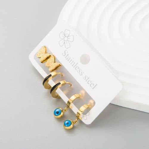Set de 3 Aretes Mariposa, Argollas y Ojo turco