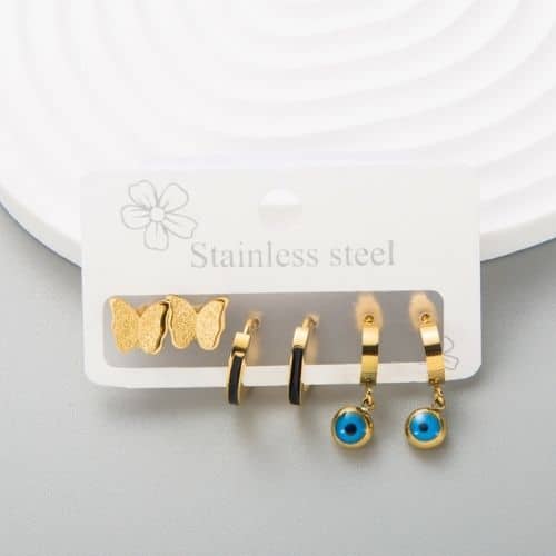 Set de 3 Aretes Mariposa, Argollas y Ojo turco