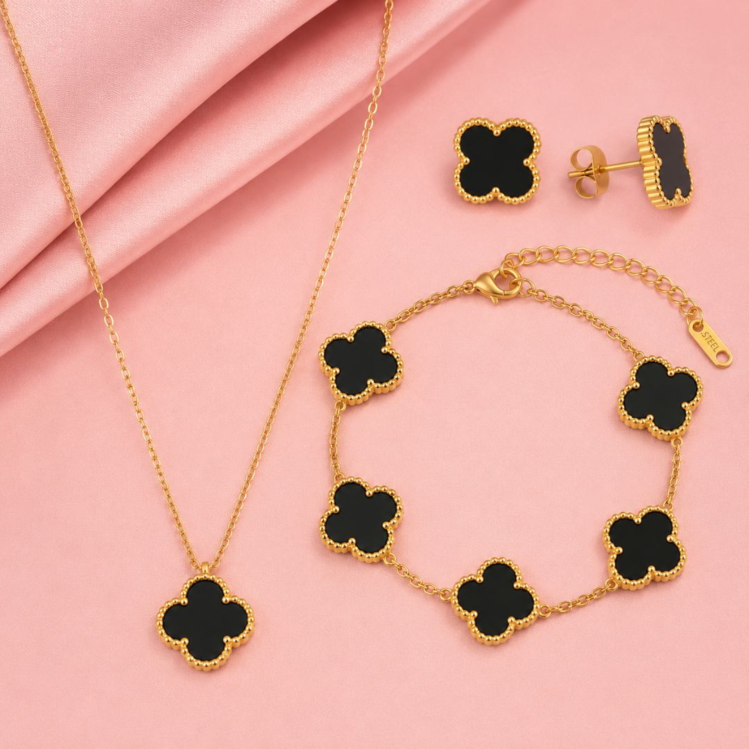 Set de Aretes, Pulsera y Cadena Trebol Negro
