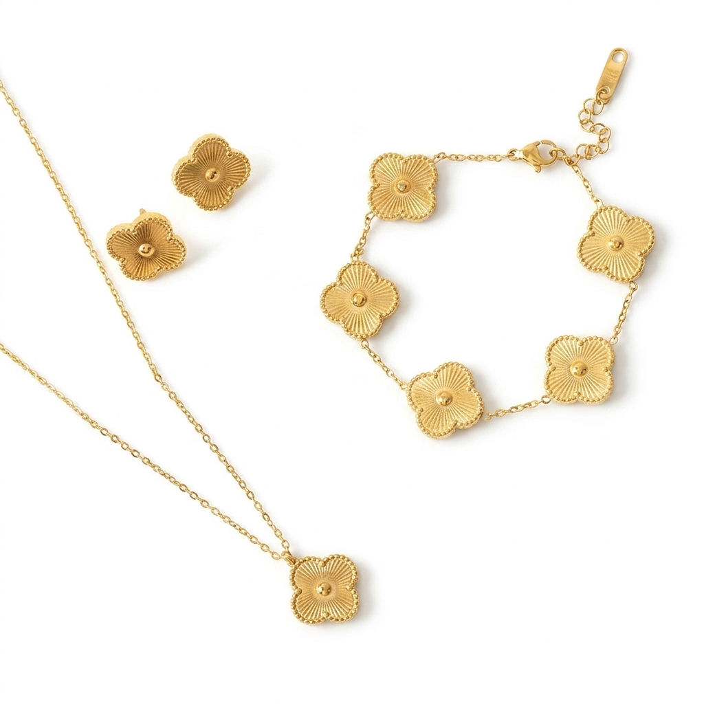 Set de Aretes, Pulsera y Cadena Trebol Dorado