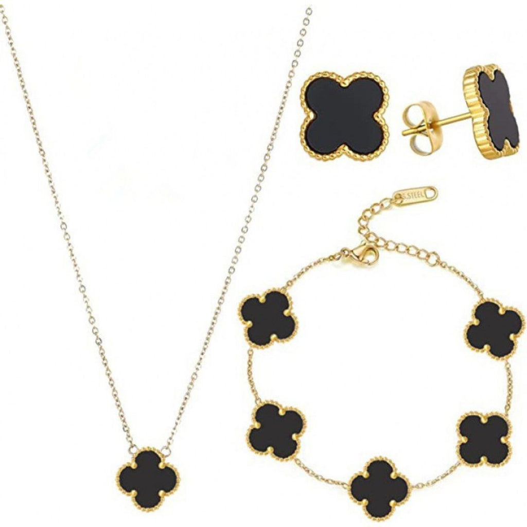 Set de Aretes, Pulsera y Cadena Trebol Negro