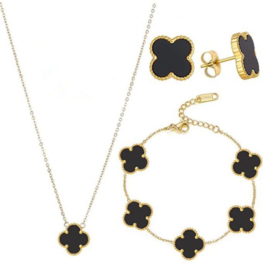 Set de Aretes, Pulsera y Cadena Trebol Negro